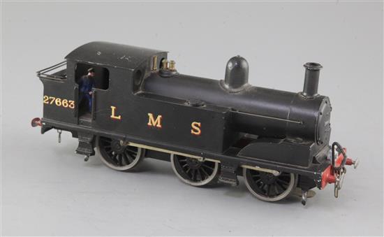 A Bonds? LMS O gauge 0-6-0 tank locomotive, number 27663, black livery (Bonds Motor), 3rd rail, 23cm